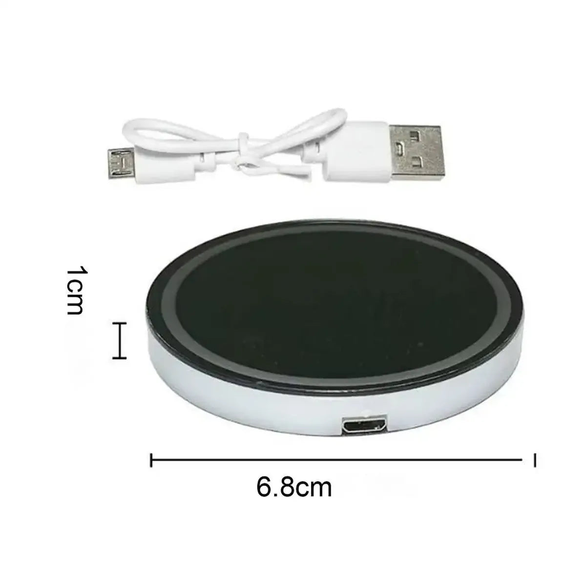 Dimensions du sous-verre lumineux : 6,8 cm de diamètre, 1 cm d'épaisseur, avec son câble USB